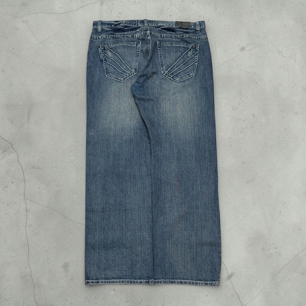 AKDMKS Mens Baggy Wide Leg Jeans 42x34 Blue Denim Y2K Streetwear Embroidered